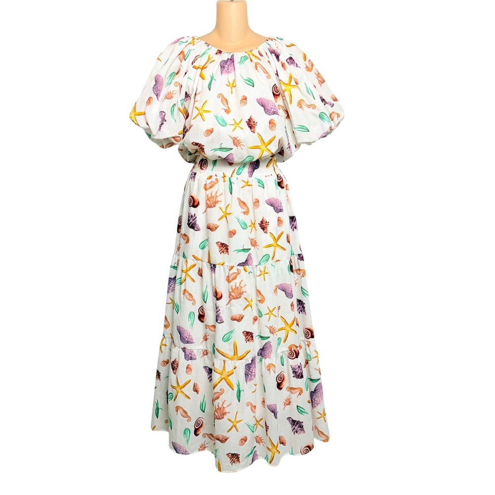 English Factory Seashell Starfish Print Bubble Top Tiered Maxi Skirt Set S NEW